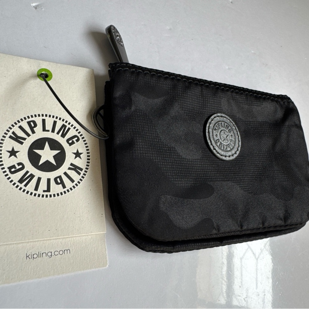 Rare Camo Kipling Creativity Black Embossed Pouch Wallet Camouflage Small Zipper